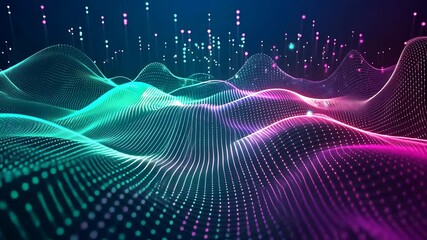 Poster - Video with Experience a mesmerizing digital landscape created by a grid of glowing points in shades of blue, pink, and purple. The dynamic waves form a futuristic and abstract scenery against a dark b