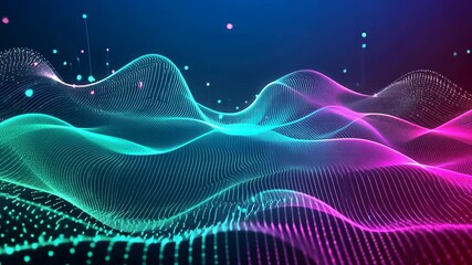 Poster - Video with a digital abstract art piece depicting a vibrant landscape of bright blue and pink neon-like patterns. The dynamic arrangement of dots and lines forms a wavy.