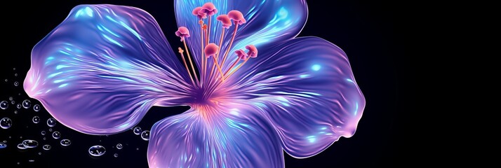 Poster - Glowing purple hibiscus flower surrounded by shimmering bubbles in dark setting. Generative AI