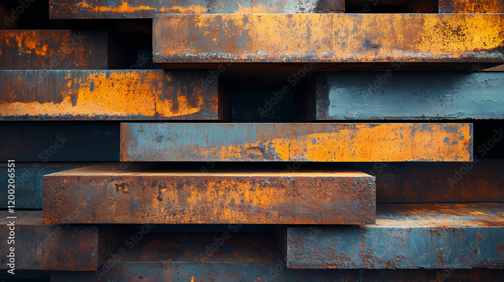 Textured layers of industrial metal plates stacked in a workshop ...