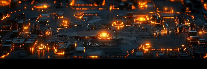 Poster - Glowing Circuitry Close Up Of A Computer Chip With Abstract Lights And Digital Design