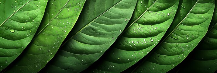 Wall Mural - Fresh Green Leaves With Water Droplets, Nature Abstract Vibrant Green Tones, Bokeh Stock Photo