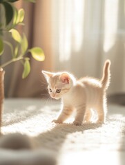 Poster - Kitten explores sunny living room while playing with soft toys and enjoying warm sunlight. Generative AI