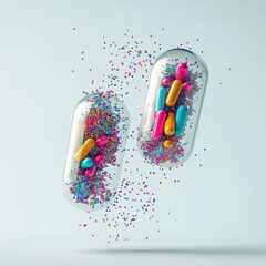 Aufkleber - Colorful particles spill from split capsule creating a vibrant display of textures and colors. Generative AI