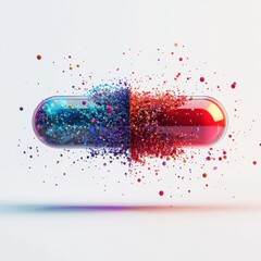 Aufkleber - Colorful particles spill from a split capsule, showcasing vibrant tiny spheres in motion. Generative AI