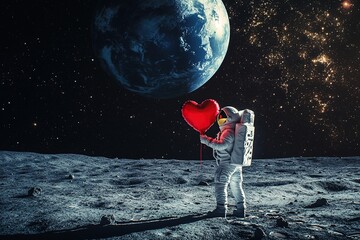 Wall Mural - astronaut in white spacesuit holding red heart-shaped on moon surface with earth planet in dark univ