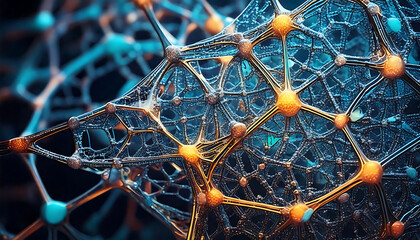 Poster - stunning abstract image of a complex interconnected network, rendered in vibrant blue and gold tones
