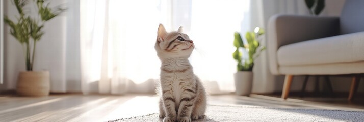 Poster - Playful kitten exploring a sunny living room filled with light and greenery. Generative AI