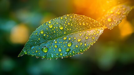 Wall Mural - Dew drops on a vibrant green leaf at sunrise.