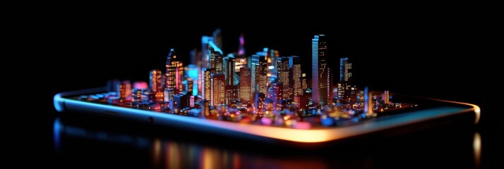 Leinwandbilder - Tiny cityscape emerges from glowing smartphone screen creating a stunning blend of technology and imagination in darkness. Generative AI