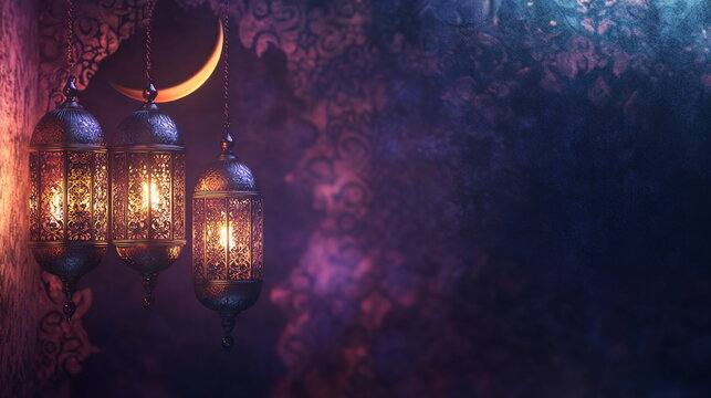 Elegant Ramadan background with a dark plum base, highlighted by golden arabesque patterns, crescent moon details, and glowing decorative lanterns. Horizontal banner, copy space, greeting card