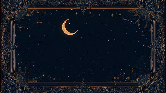 Elegant Ramadan background with a dark navy blue gradient, featuring a crescent moon and stars in gold, framed by intricate arabesque patterns. Horizontal banner, copy space, greeting card