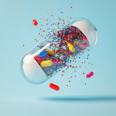 Aufkleber - Colorful particles spill from a split capsule against a light blue background creating a visually striking display. Generative AI