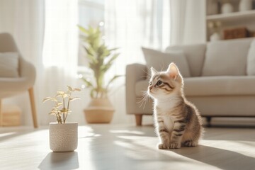 Poster - Kitten enjoys playful moments in a sunlit living room with a potted plant. Generative AI