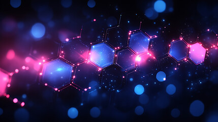 Futuristic, glowing hexagonal pattern with vibrant pink and blue lights, resembling a digital or molecular structure, set against a dark background with bokeh effects, creating a visually striking