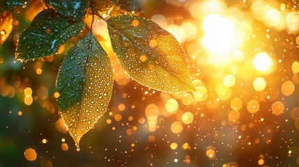 Wall Mural - Dewdrops on leaves at sunset, bokeh background.