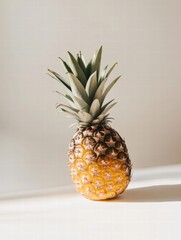 Poster - Pineapple sitting on a light surface with soft shadows highlighting its texture in a bright indoor setting. Generative AI