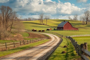 cows graze peacefully near a traditional red barn on a winding country road