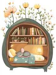 Poster - Cozy mouse nestled in a floral bookshelf nook during a serene afternoon. Generative AI