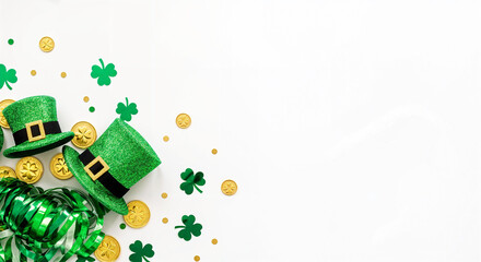 Wall Mural - saint patrick's day composition with leprechaun hats, shamrocks, gold coins, and green ribbons on wh