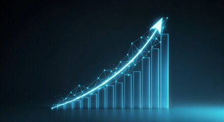 Poster - Increasing bar graph with glowing arrow representing business growth, success, and financial progress