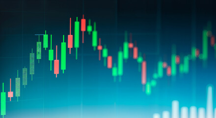 Poster - Candlestick chart showing a growing trend in the stock market, with green and red bars indicating price fluctuations over time