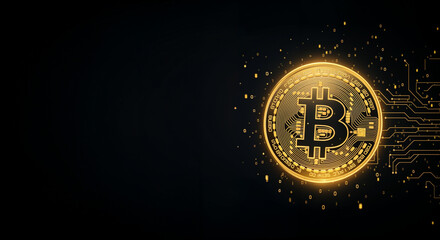 Poster - Golden bitcoin rotating over electronic circuit and binary code on black background, cryptocurrency concept
