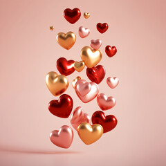 Poster - Shiny hearts in red, pink, and gold float against a soft pink backdrop, creating a romantic and festive atmosphere