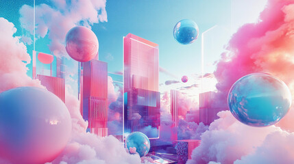Poster - Digital landscape with abstract structures and vibrant colors in the sky. Generative AI
