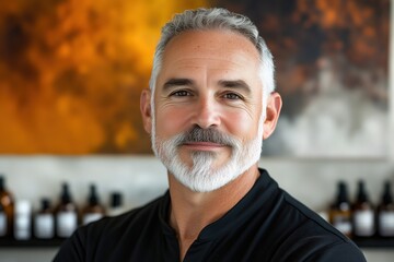 Confident man with gray beard smiles warmly in a cozy, well-lit space featuring artistic wall decor and displayed products