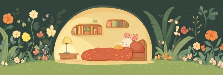Poster - Cozy mouse in a serene garden, peacefully napping in a charming woodland setting with flowers and greenery. Generative AI