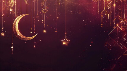 Fototapete - Modern Ramadan abstract background with a rich burgundy base, featuring golden geometric shapes, crescent moon details, and scattered glowing star motifs. Horizontal banner, copy space, greeting card
