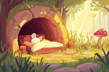 Poster - Cozy forest nook with a sleeping mouse nestled in a soft bed surrounded by enchanting nature. Generative AI
