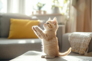Poster - Kitten playful and curious in sunny living room with cozy atmosphere and soft sunlight shining through the windows. Generative AI