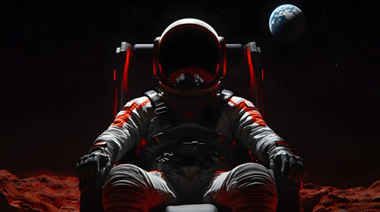 Wall Mural - An astronaut sitting on Mars, looking back at Earth. Ideal for themes of space exploration, science fiction, and space travel