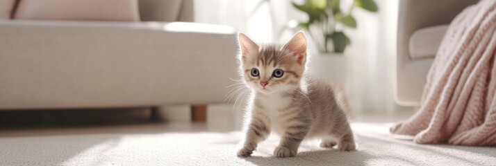 Poster - Kitten explores sunny living room full of warmth and comfort in delightful afternoon playtime. Generative AI