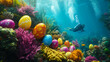 © Evgenii - Colorful painted Easter eggs scattered among vibrant coral reefs, with a scuba diver exploring the underwater scenery, concept of festive marine celebration