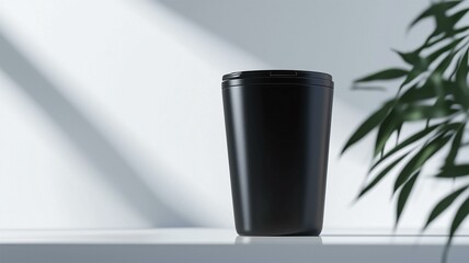 Wall Mural - Photorealistic image of a smooth black reusable coffee tumbler, isolated on a white background
