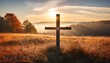 © Lura - cross on autumn meadow at sunrise symbolizing renewal and hope evoking a serene and reflective atmosphere