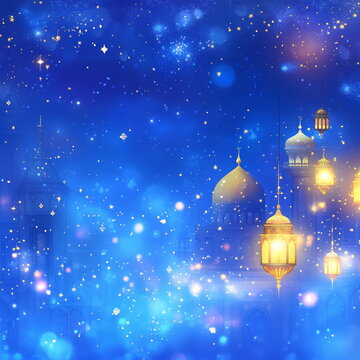 Vivid Ramadan abstract background with a royal blue gradient, showcasing mosque domes, golden stars, and delicate lanterns glowing with soft light. Square social media post, Ramadan, Eid al-fitr