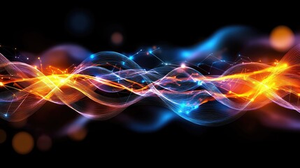 Poster - Dynamic light waves interaction abstract art digital composition dark background side view energy and motion concept