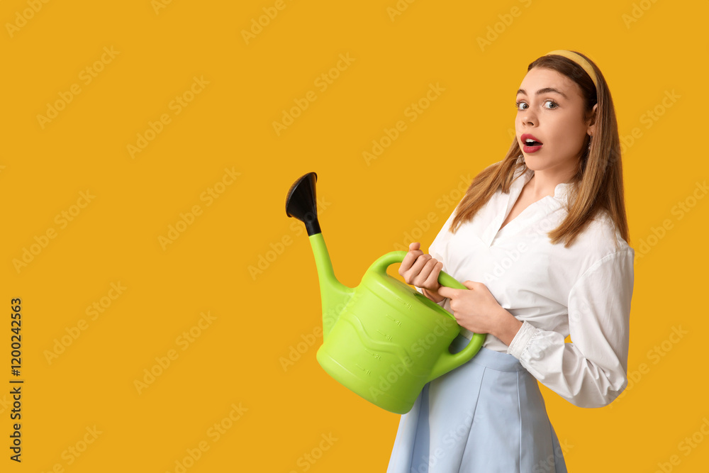 Shocked young woman with watering can on yellow background