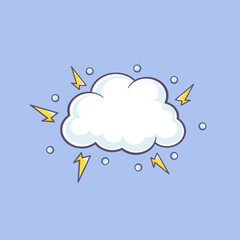 Wall Mural - white kawaii little thunderstorm cloud with black outline on blue background. vector flat illustrati