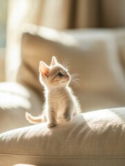 Poster - Kitten enjoys playful moments in a bright sunny living room full of warmth and comfort. Generative AI