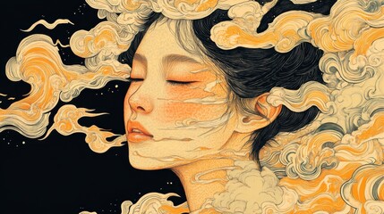 Wall Mural - Ethereal portrait of a serene woman surrounded by swirling clouds and vibrant colors