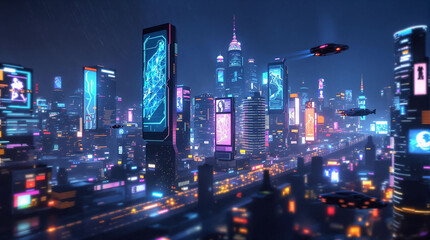 Poster - a futuristic cityscape at night with neon lights, tall buildings, and a floating drone. The streets are busy with cars and pedestrians, and the overall atmosphere is vibrant and advanced.