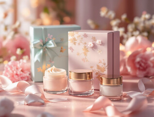 Poster - a beautiful display of skincare products, including jars of cream and a box adorned with a floral design and a bow. The background features a pink and white floral arrangement, creating an elegant and