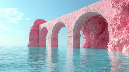 Poster - Three white arches mirror in the water beneath a sky tinted pastel pink and blue