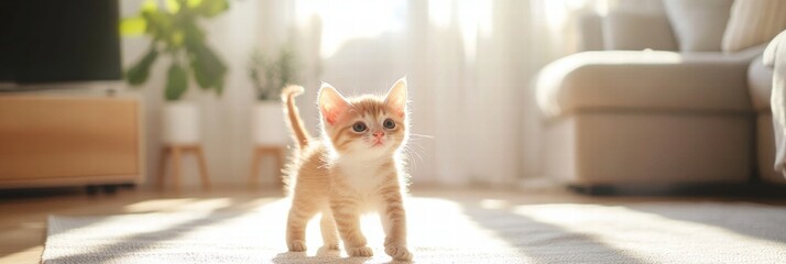 Poster - Kitten enjoys playful moments in a bright and sunny living room with a cozy ambiance. Generative AI