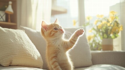 Poster - Kitten joyfully playing in a sunny living room with bright flowers adorning the background. Generative AI